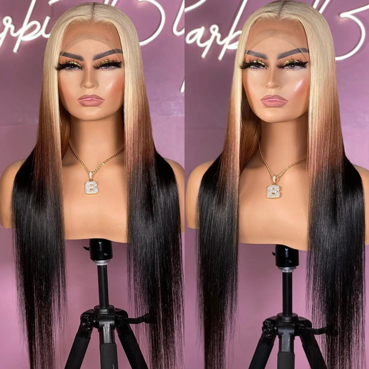 613 Blonde with Brown Ombre Wig Synthetic Lace Front Wig Long Straight Body Wave 13x4 Frontal Gradient Colored Wigs for Women