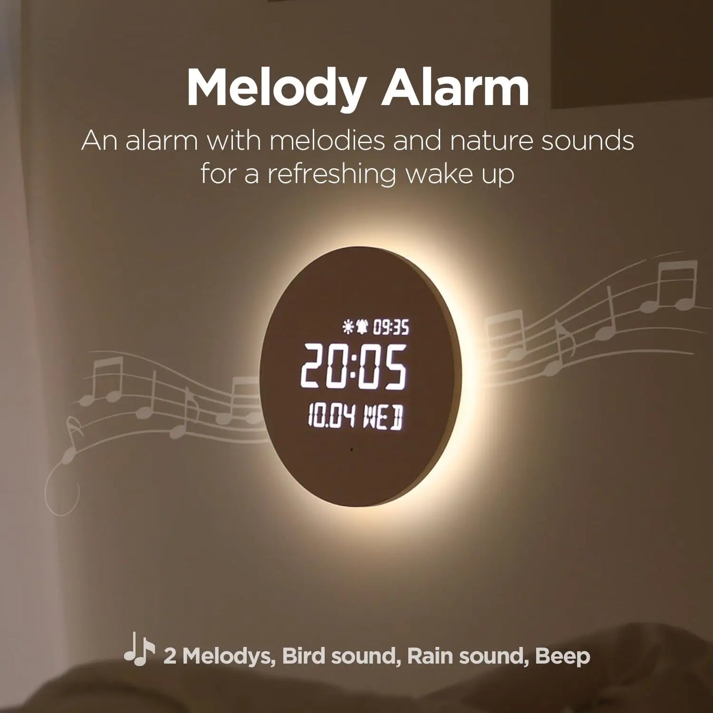 LED Silent Wooden Digital Wall Clock with Remote Control, Backlight Nightlight Digital Wood Wall Clock, Sunrise Alarm Melody