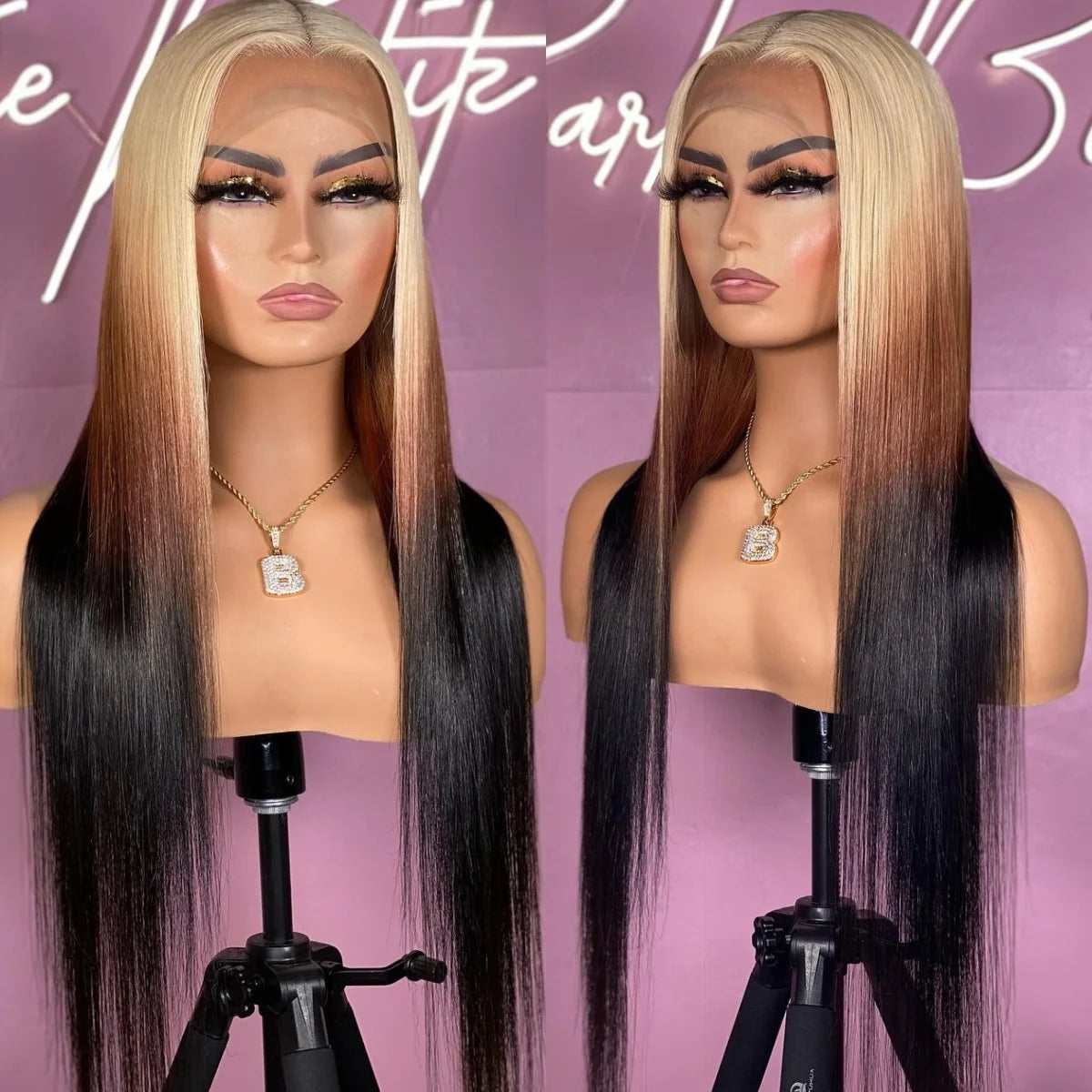 613 Blonde with Brown Ombre Wig Synthetic Lace Front Wig Long Straight Body Wave 13x4 Frontal Gradient Colored Wigs for Women