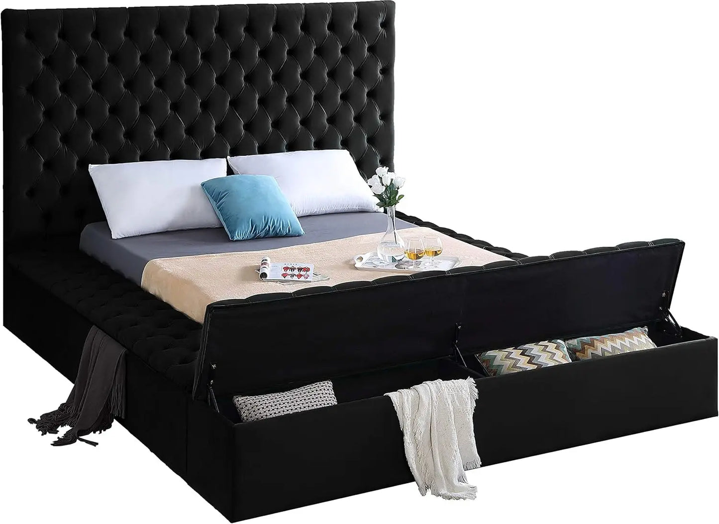 Furniture Bliss Collection Modern | Contemporary Velvet Upholstered Bed with Deep Button Tufting and Storage Compartments in Rai