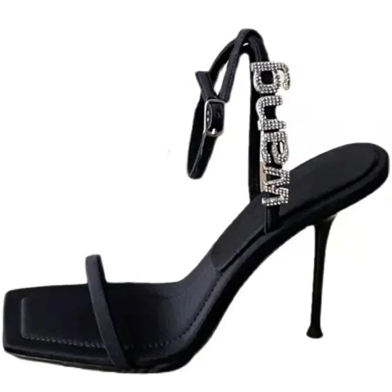 2024 Style Square Toe Women Sandals Crystal Letters Decorative Women High Heels Sexy Shoes Women's Banquet Wedding Shoes Women