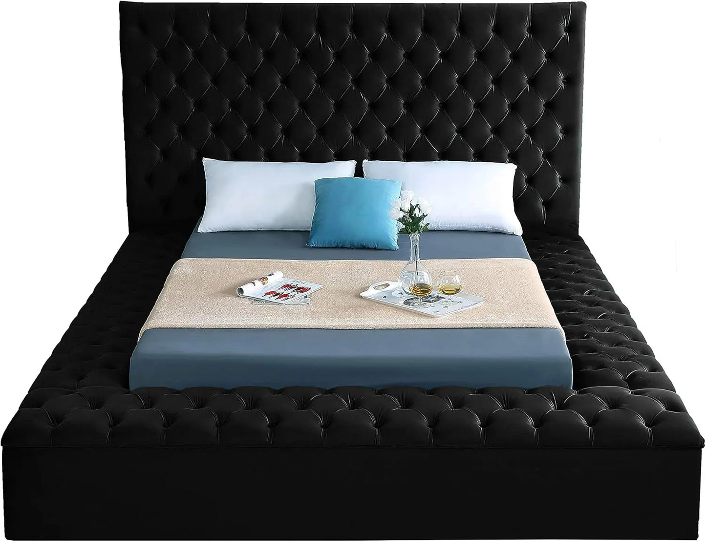 Furniture Bliss Collection Modern | Contemporary Velvet Upholstered Bed with Deep Button Tufting and Storage Compartments in Rai