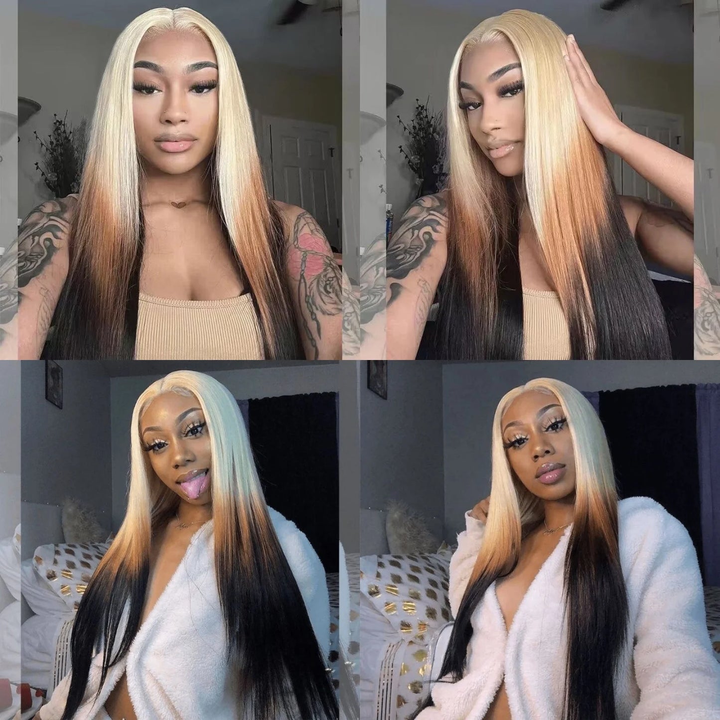613 Blonde with Brown Ombre Wig Synthetic Lace Front Wig Long Straight Body Wave 13x4 Frontal Gradient Colored Wigs for Women
