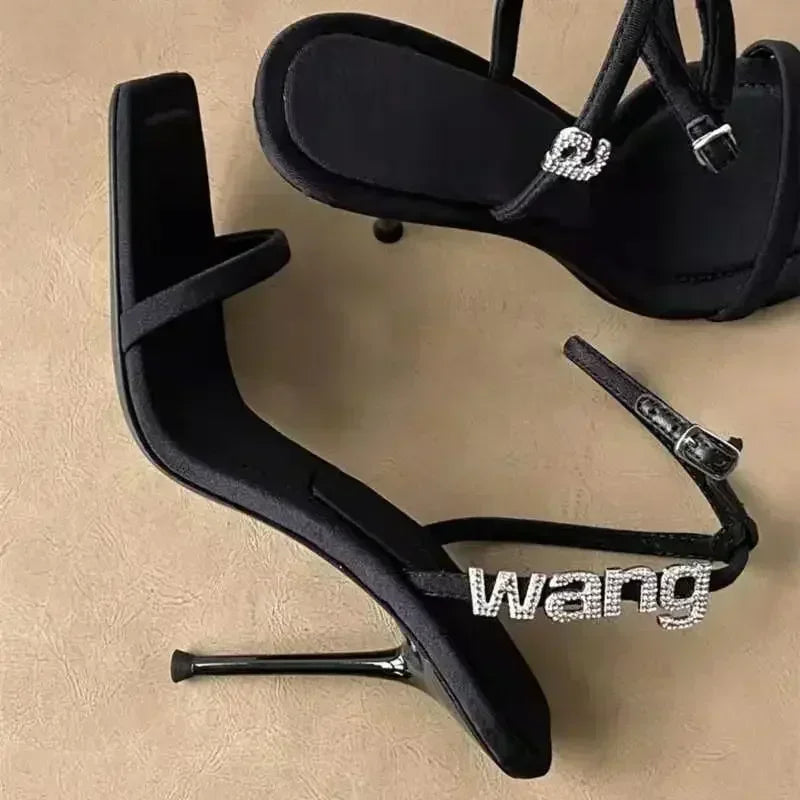 2024 Style Square Toe Women Sandals Crystal Letters Decorative Women High Heels Sexy Shoes Women's Banquet Wedding Shoes Women