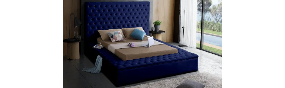 Furniture Bliss Collection Modern | Contemporary Velvet Upholstered Bed with Deep Button Tufting and Storage Compartments in Rai