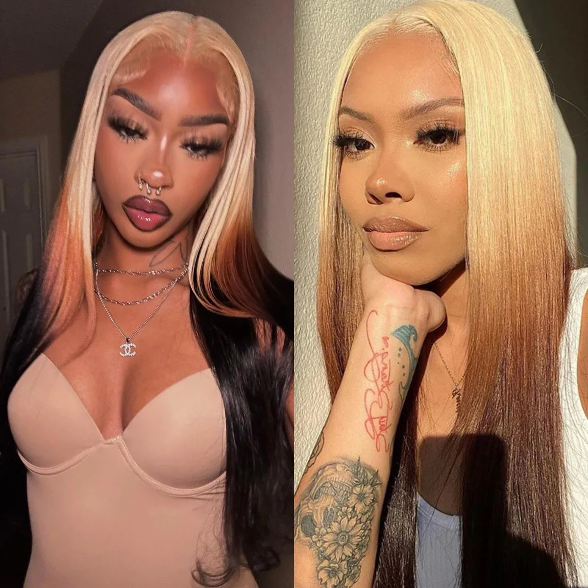 613 Blonde with Brown Ombre Wig Synthetic Lace Front Wig Long Straight Body Wave 13x4 Frontal Gradient Colored Wigs for Women