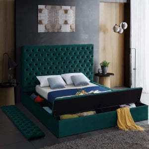 Furniture Bliss Collection Modern | Contemporary Velvet Upholstered Bed with Deep Button Tufting and Storage Compartments in Rai