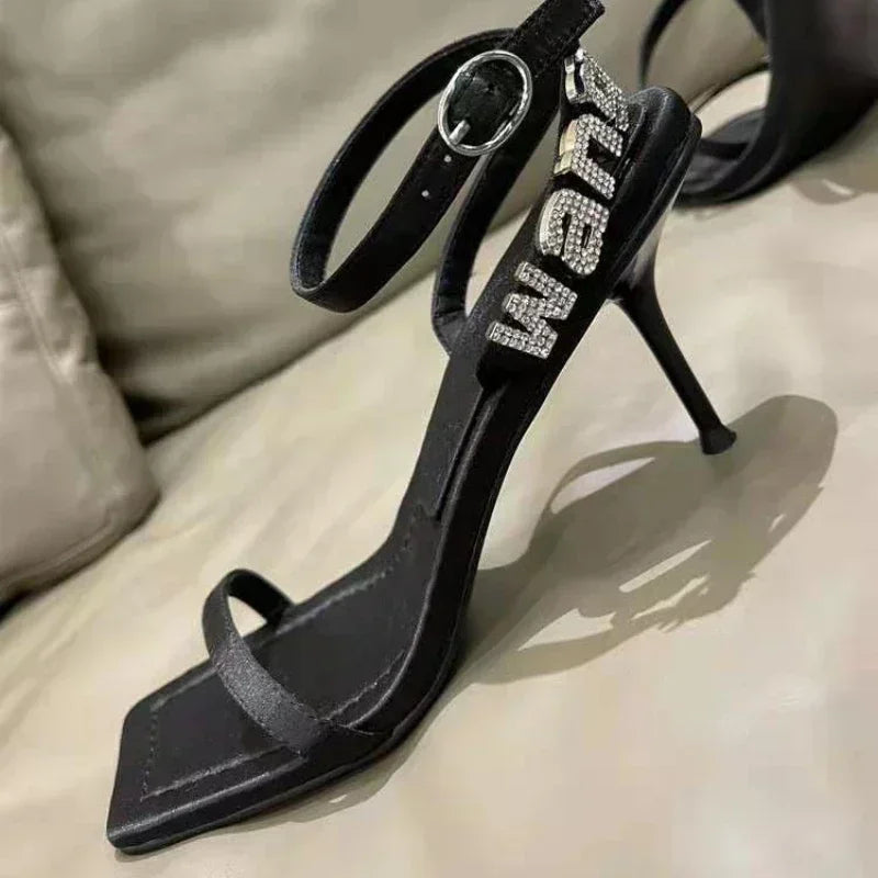 2024 Style Square Toe Women Sandals Crystal Letters Decorative Women High Heels Sexy Shoes Women's Banquet Wedding Shoes Women