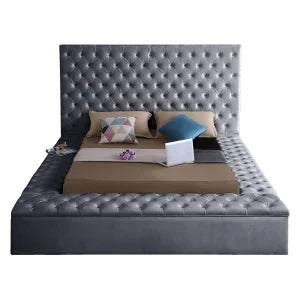 Furniture Bliss Collection Modern | Contemporary Velvet Upholstered Bed with Deep Button Tufting and Storage Compartments in Rai