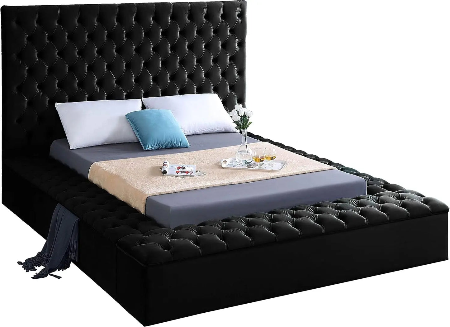 Furniture Bliss Collection Modern | Contemporary Velvet Upholstered Bed with Deep Button Tufting and Storage Compartments in Rai