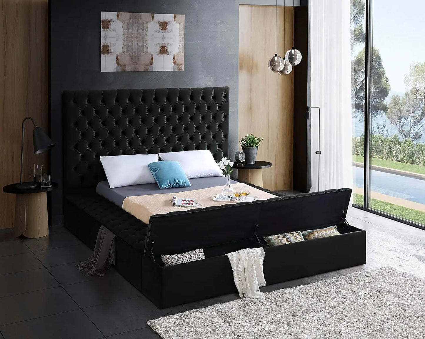 Furniture Bliss Collection Modern | Contemporary Velvet Upholstered Bed with Deep Button Tufting and Storage Compartments in Rai