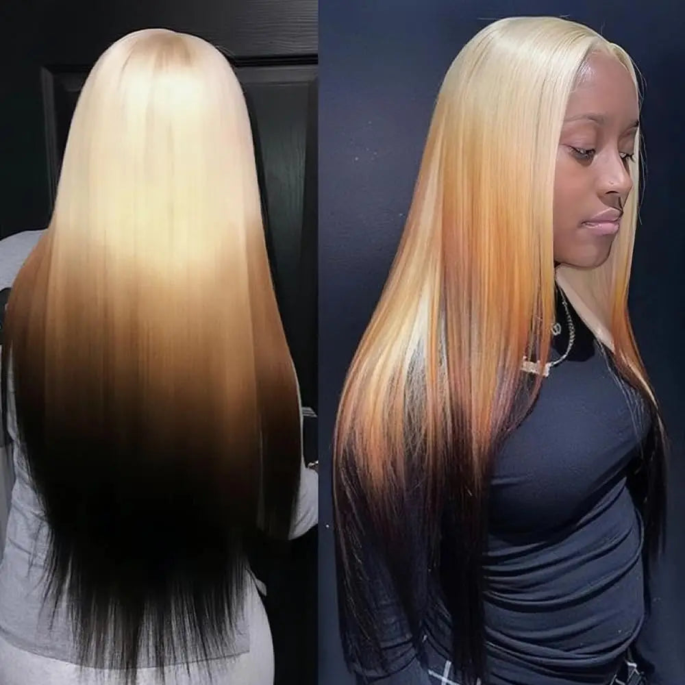 613 Blonde with Brown Ombre Wig Synthetic Lace Front Wig Long Straight Body Wave 13x4 Frontal Gradient Colored Wigs for Women