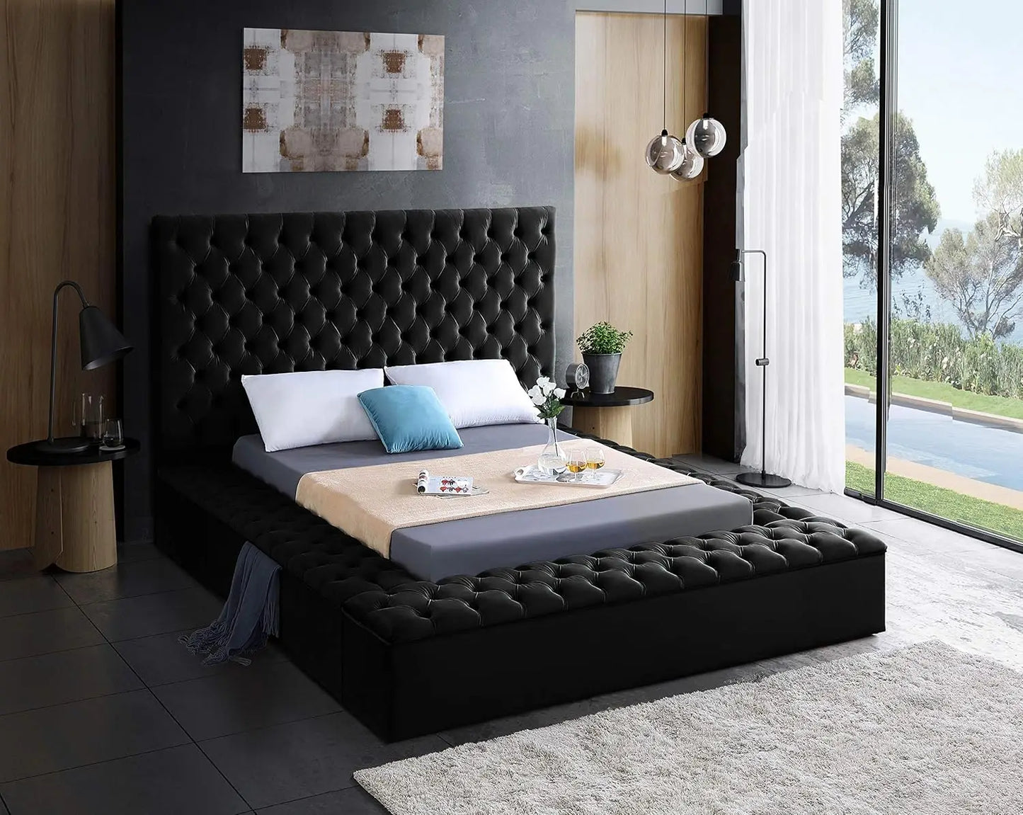 Furniture Bliss Collection Modern | Contemporary Velvet Upholstered Bed with Deep Button Tufting and Storage Compartments in Rai