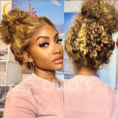 Water Wave 30 Inch Invisible Strap 360 Full Lace Front Wig Honey Blonde Highlight Deep Wave Frontal Wig Glueless Wig Human Hair