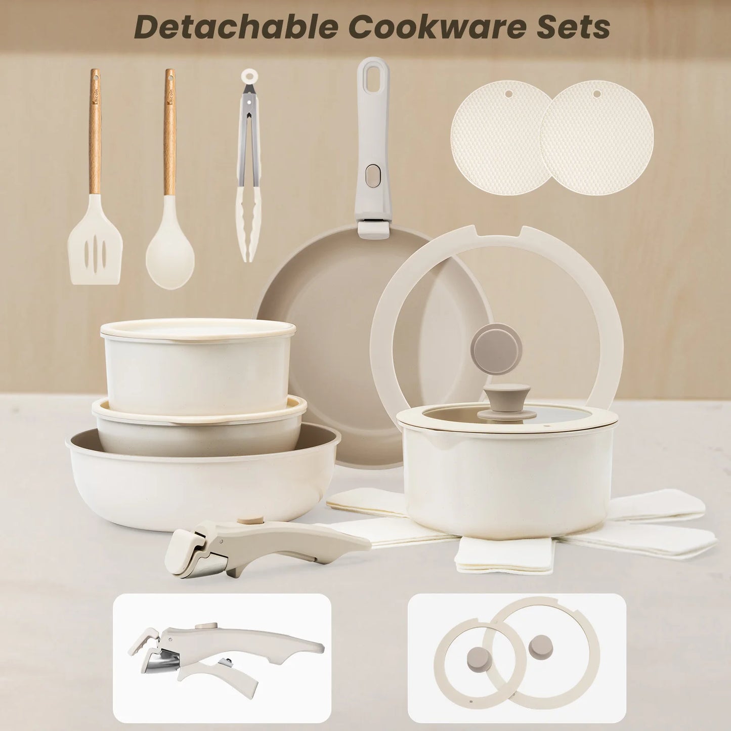 20-piece Pots And Pans Set, KIKCOIN Non-stick Ceramic Cookware Set With Removable Handles. Space-saving, Oven, Dishwasher.