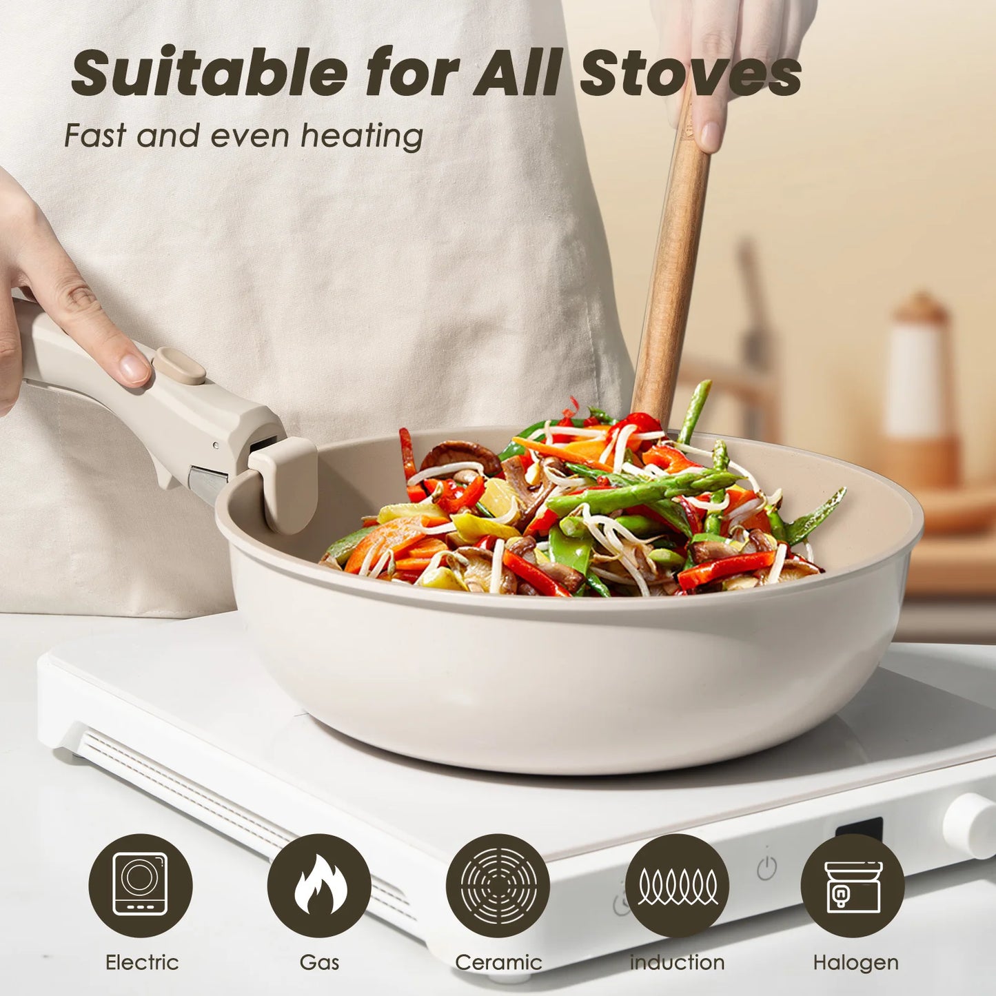 20-piece Pots And Pans Set, KIKCOIN Non-stick Ceramic Cookware Set With Removable Handles. Space-saving, Oven, Dishwasher.