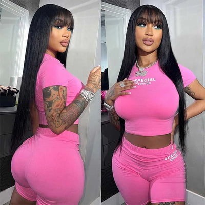 Ready To Wear Human Hair Wig With Bangs Straight Human Hair Wig Glueless Wig Human Hair 100% Human Hair 3X1 Middle Part Lace Wig