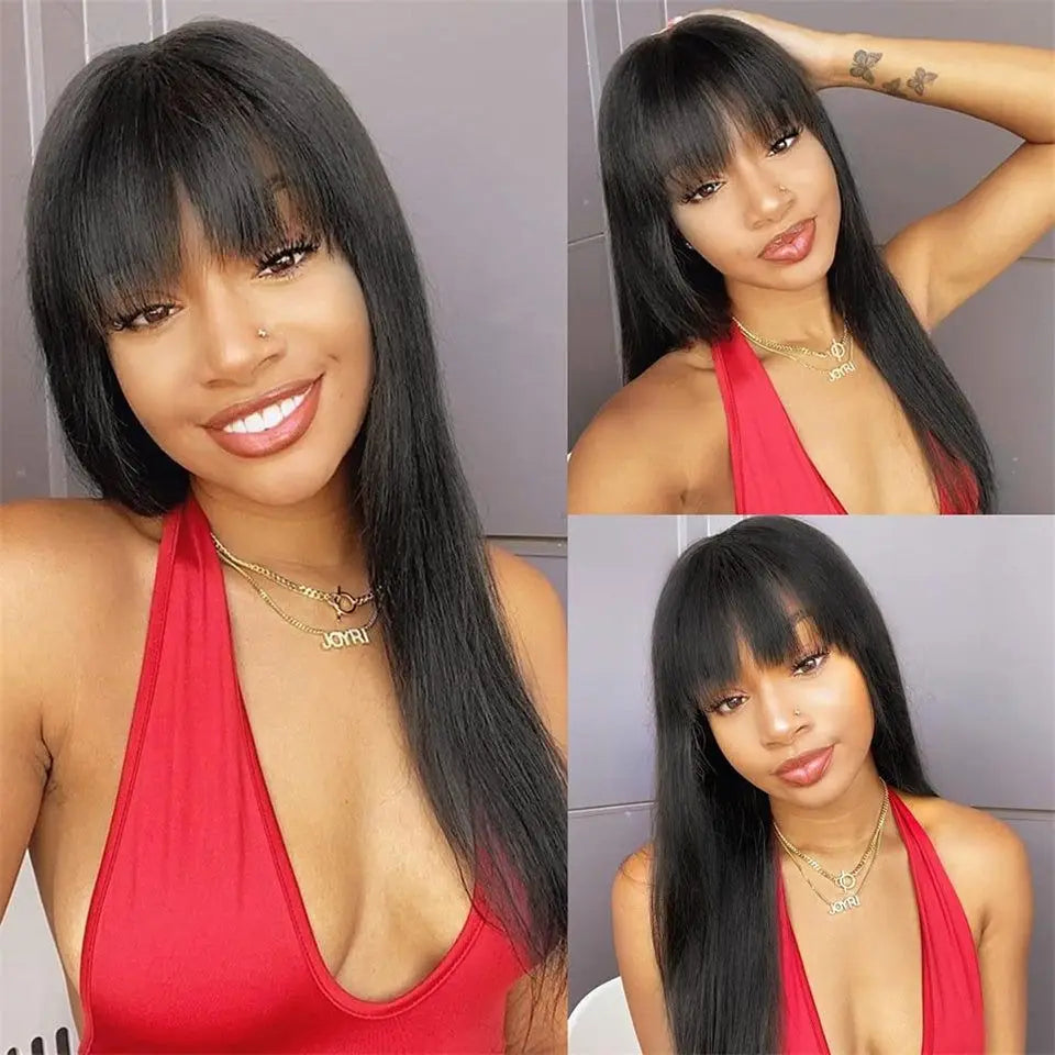 Ready To Wear Human Hair Wig With Bangs Straight Human Hair Wig Glueless Wig Human Hair 100% Human Hair 3X1 Middle Part Lace Wig