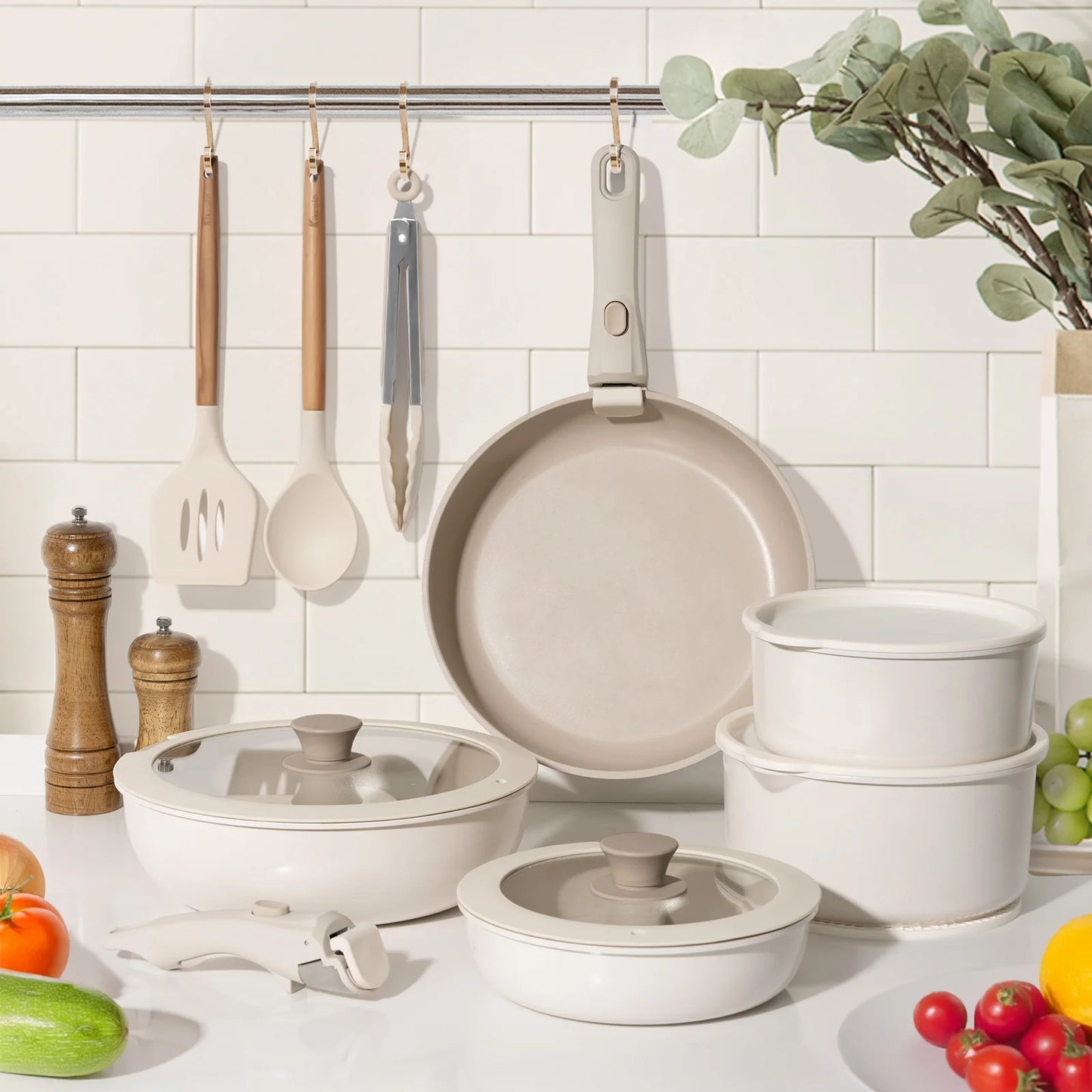 20-piece Pots And Pans Set, KIKCOIN Non-stick Ceramic Cookware Set With Removable Handles. Space-saving, Oven, Dishwasher.