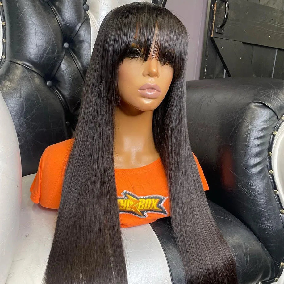 Ready To Wear Human Hair Wig With Bangs Straight Human Hair Wig Glueless Wig Human Hair 100% Human Hair 3X1 Middle Part Lace Wig