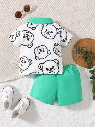 Baby Boys Summer Short Sleeve Bear Print Contrast Collar Polo and Flap Pocket Shorts Set - MAGUSTA BEAUTY