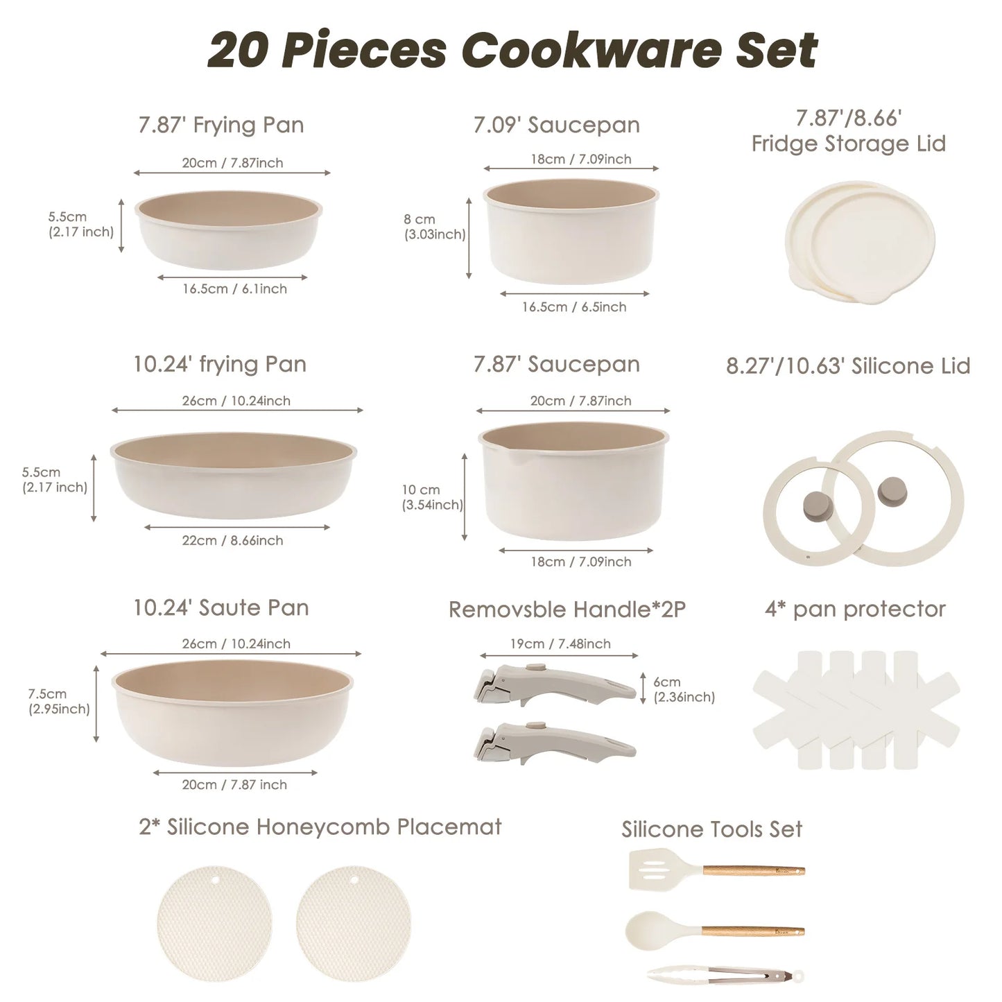 20-piece Pots And Pans Set, KIKCOIN Non-stick Ceramic Cookware Set With Removable Handles. Space-saving, Oven, Dishwasher.