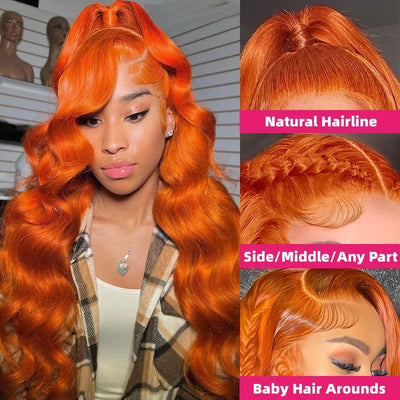 Ginger Orange Body Wave 13x4 Lace Front Wigs Human Hair 13x6 Lace Frontal Wig Pre Plucked HD Transparent Lace 350 Color Wig