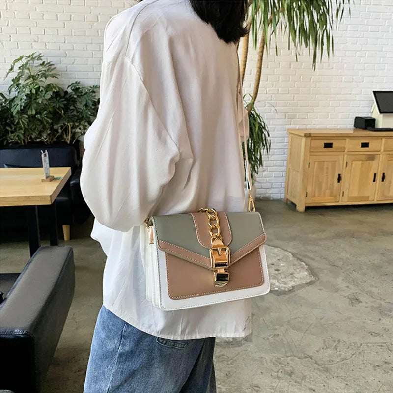 Fashion Women Chain Crossbody Bag Leisure Splice Small Square Shoulder Bag Luxury Design Messenger Bag Travel Purse and Handbag