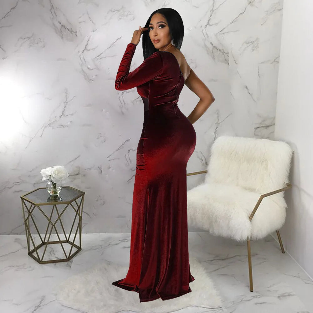K10354 New Arrival Velvet Mesh Patchwork One Shoulder Ruched Mermaid Dress High Slit Party Dress Gowns for Women Evening Dresses