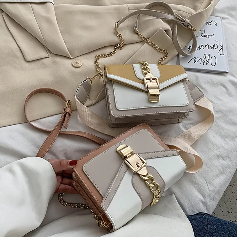 Fashion Women Chain Crossbody Bag Leisure Splice Small Square Shoulder Bag Luxury Design Messenger Bag Travel Purse and Handbag