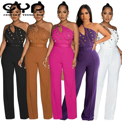 2024 New Design Ladies' One-Shoulder Jumpsuit Solid Color Breathable and Loose for Work Fall Halter Rompers
