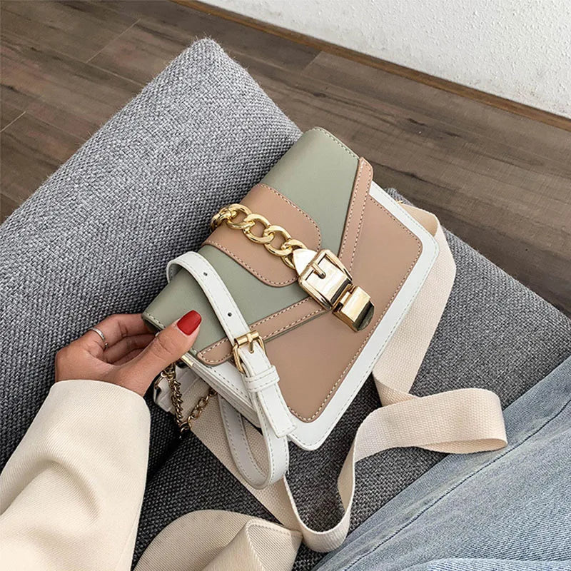 Fashion Women Chain Crossbody Bag Leisure Splice Small Square Shoulder Bag Luxury Design Messenger Bag Travel Purse and Handbag