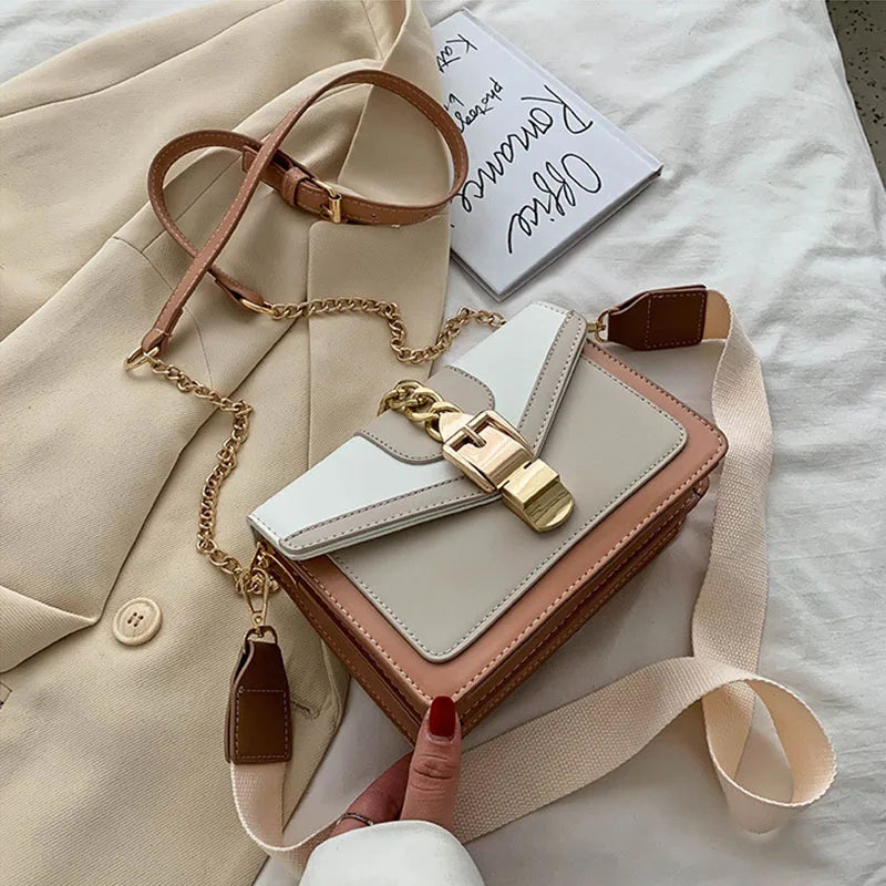 Fashion Women Chain Crossbody Bag Leisure Splice Small Square Shoulder Bag Luxury Design Messenger Bag Travel Purse and Handbag