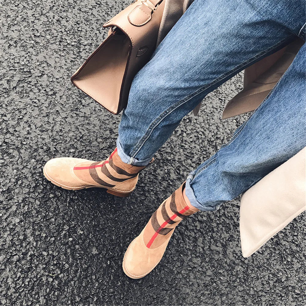 Drestrive Luxury Women Ankle Boots Kid Suede Low Heels 3 Cm Spring Patchwork Platform Striped Lattice Black Winter Shoes Brand