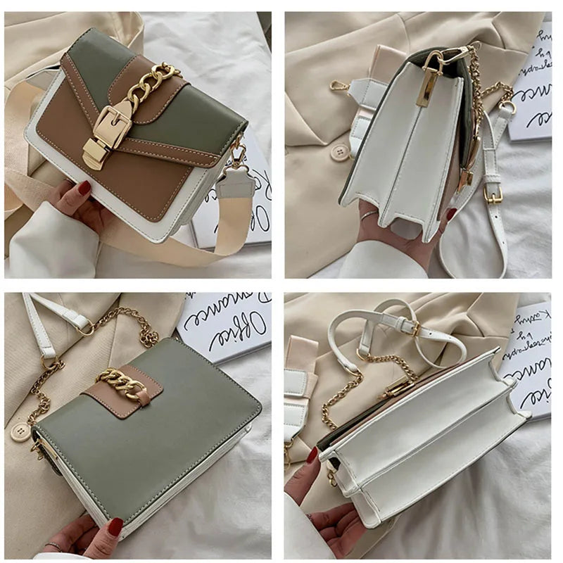 Fashion Women Chain Crossbody Bag Leisure Splice Small Square Shoulder Bag Luxury Design Messenger Bag Travel Purse and Handbag