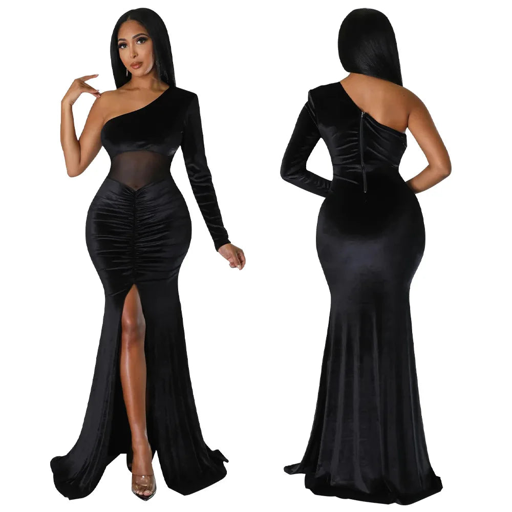 K10354 New Arrival Velvet Mesh Patchwork One Shoulder Ruched Mermaid Dress High Slit Party Dress Gowns for Women Evening Dresses
