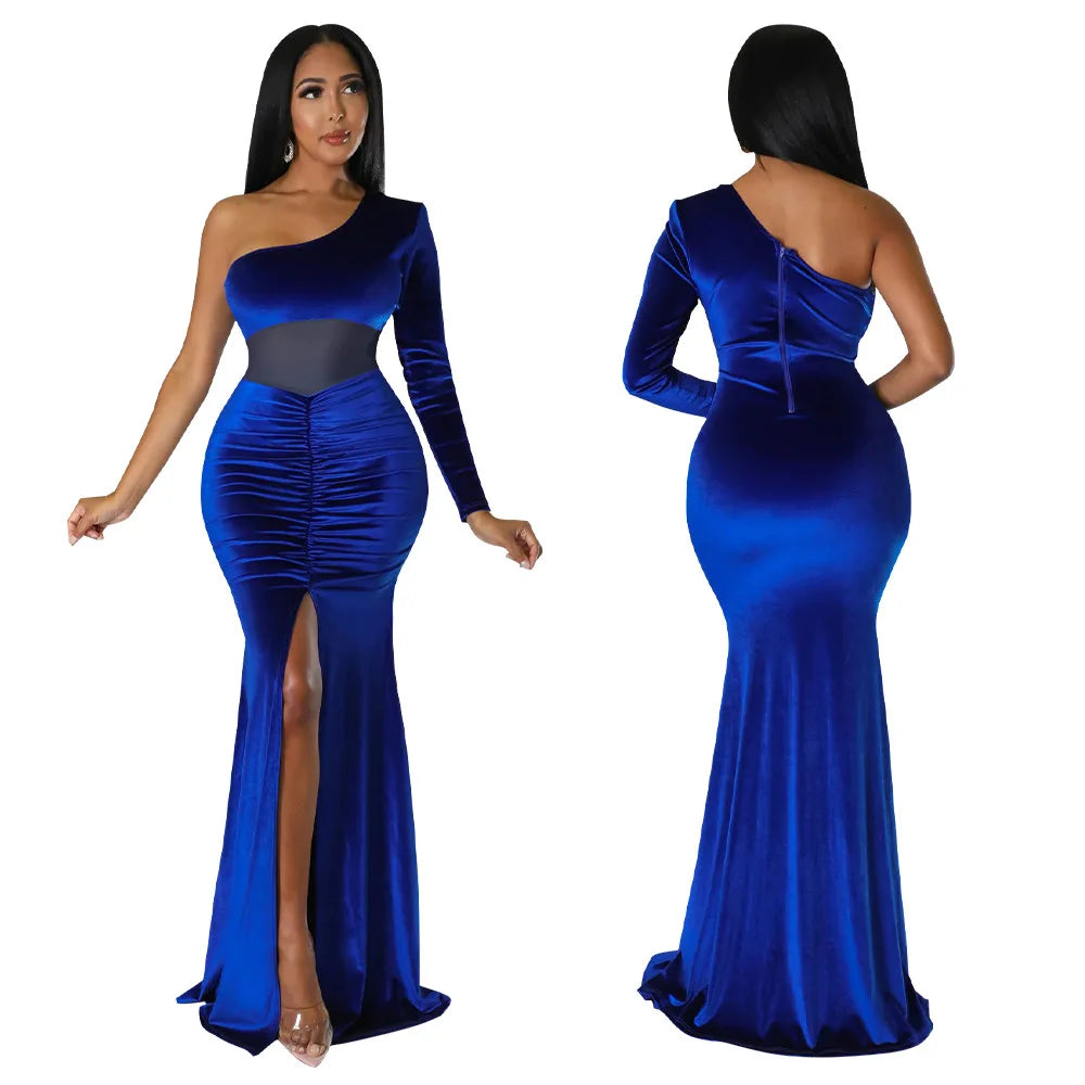 K10354 New Arrival Velvet Mesh Patchwork One Shoulder Ruched Mermaid Dress High Slit Party Dress Gowns for Women Evening Dresses