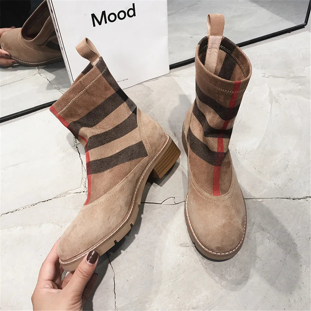 Drestrive Luxury Women Ankle Boots Kid Suede Low Heels 3 Cm Spring Patchwork Platform Striped Lattice Black Winter Shoes Brand