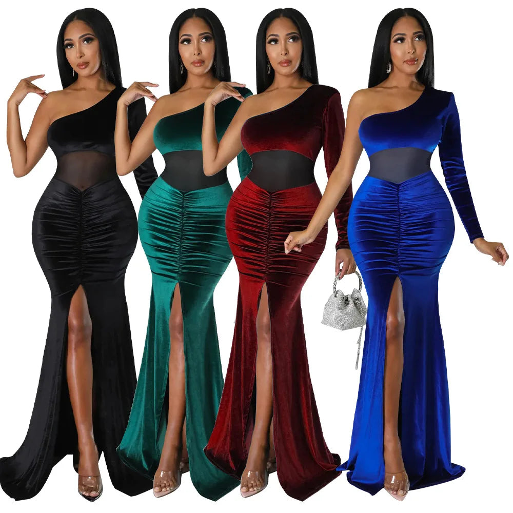 K10354 New Arrival Velvet Mesh Patchwork One Shoulder Ruched Mermaid Dress High Slit Party Dress Gowns for Women Evening Dresses