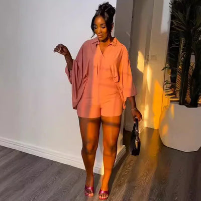 S107 Wholesale Designer Clothing 2024 Solid Color Bat Sleeve Shirt 2 Pieces Set Summer Loose Casual Two Piece Shorts Sets Women