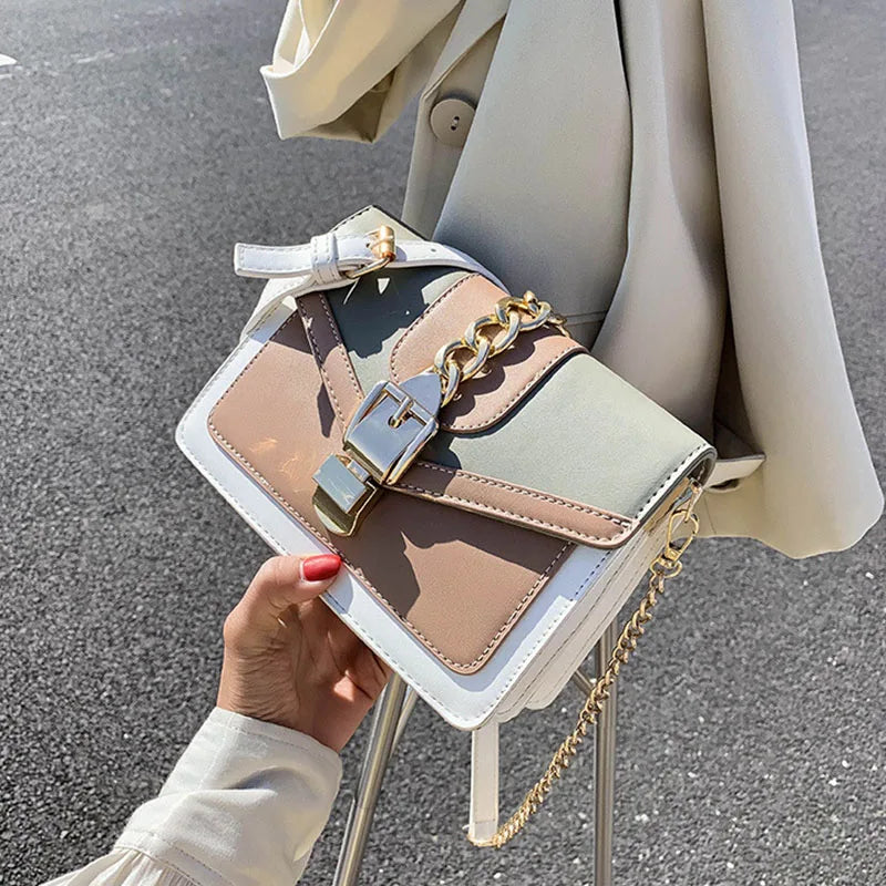 Fashion Women Chain Crossbody Bag Leisure Splice Small Square Shoulder Bag Luxury Design Messenger Bag Travel Purse and Handbag
