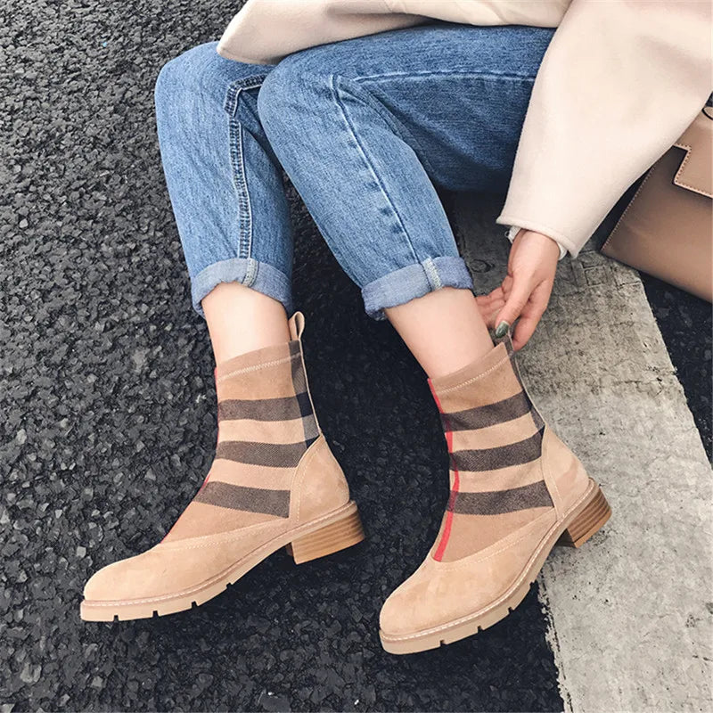 Drestrive Luxury Women Ankle Boots Kid Suede Low Heels 3 Cm Spring Patchwork Platform Striped Lattice Black Winter Shoes Brand