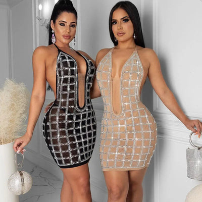 Sparkly Rhinestone Halter Backless Bodycon Dress Women Elegant Night Club Christmas Birthday Dress Sexy Mesh Sheer Mini Dress
