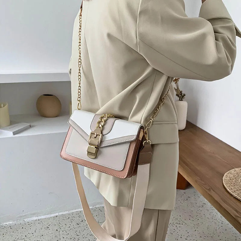 Fashion Women Chain Crossbody Bag Leisure Splice Small Square Shoulder Bag Luxury Design Messenger Bag Travel Purse and Handbag