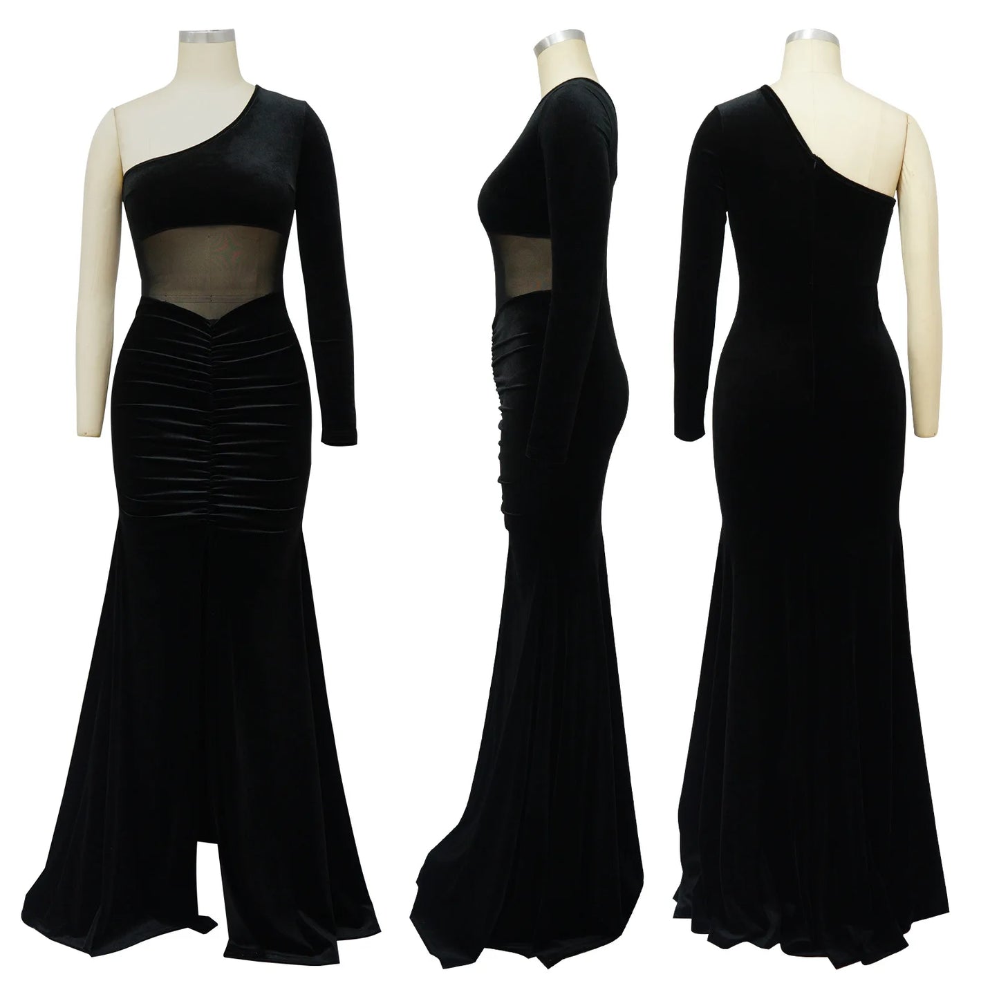 K10354 New Arrival Velvet Mesh Patchwork One Shoulder Ruched Mermaid Dress High Slit Party Dress Gowns for Women Evening Dresses