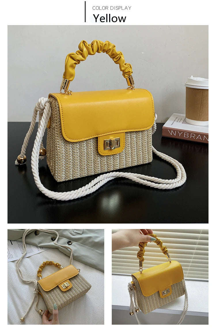 Straw Beach Bag for Women 2021 Summer Pleated Handle Luxury Designer Bag Contrast Color Crossbody Purse and Handbag Lady Bolsos