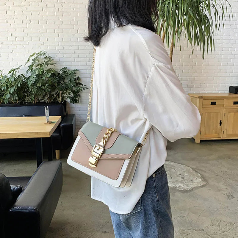 Fashion Women Chain Crossbody Bag Leisure Splice Small Square Shoulder Bag Luxury Design Messenger Bag Travel Purse and Handbag