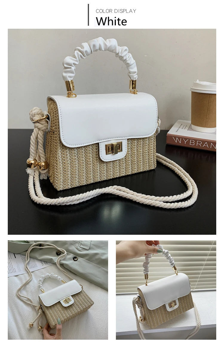 Straw Beach Bag for Women 2021 Summer Pleated Handle Luxury Designer Bag Contrast Color Crossbody Purse and Handbag Lady Bolsos