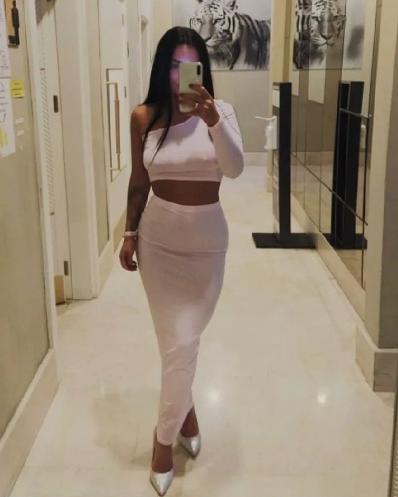 2 Piece Set Skirt and One Shoulder Long Sleeve Crop Top Fall Clothes for Women 2021 Fashion Sexy Club Outfits