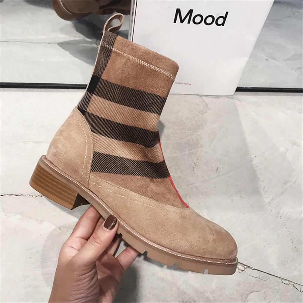 Drestrive Luxury Women Ankle Boots Kid Suede Low Heels 3 Cm Spring Patchwork Platform Striped Lattice Black Winter Shoes Brand